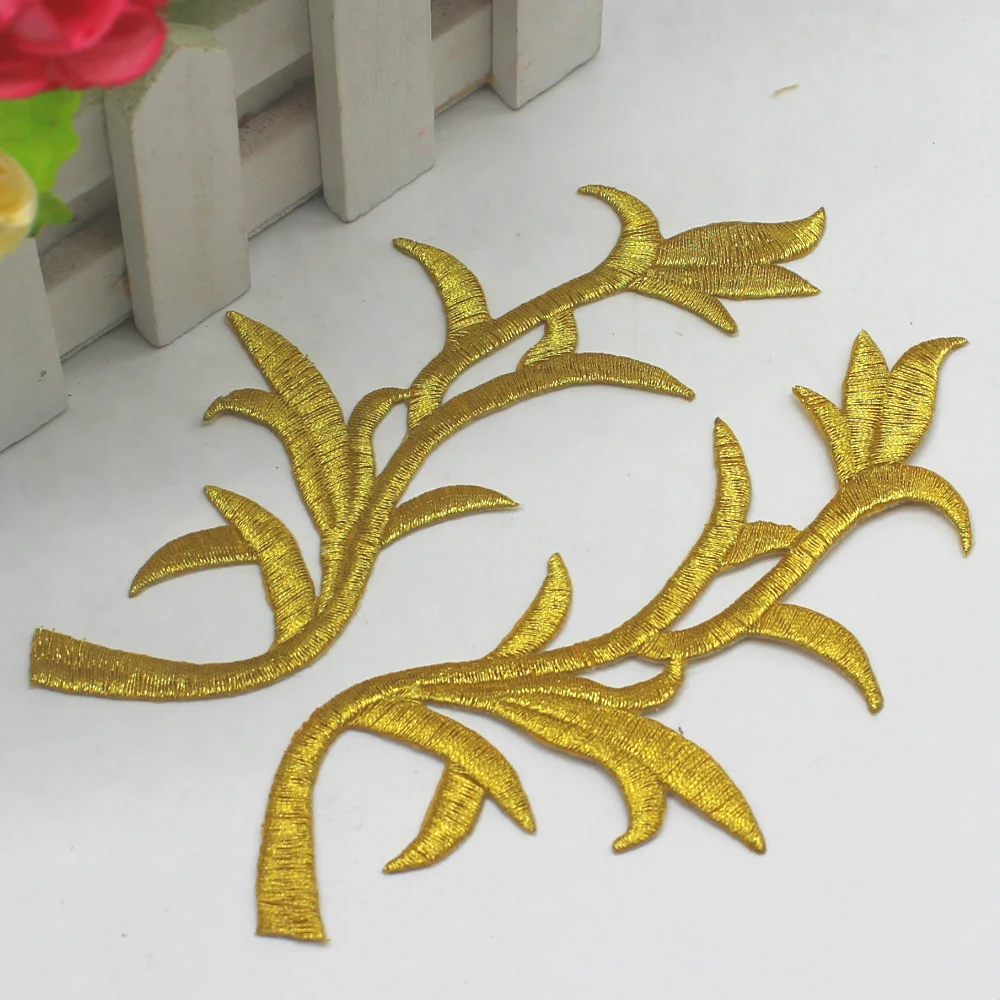YACKALASI 10 Çift/grup Ayna Çifti Demir On Çiçek Altın Nakış Aplike Altın Metalik Yamalar 14 cm*6 cm