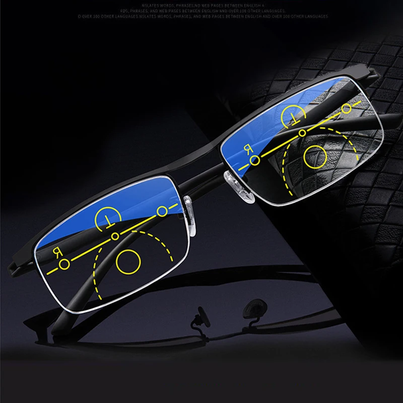 Klasik Çok odaklı İlerici okuma gözlüğü Erkekler ve Kadınlar Anti-mavi ve Anti-ultraviyole Yarı çerçeve Otomatik ayar Gözlük