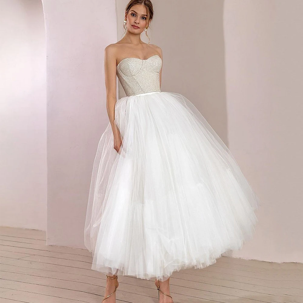 Balo Midi düğün elbisesi Beyaz Sparkly Sevgiliye Kabarık Prenses gelinlik 2022 Backless Tül Lüks Kısa Gelin Elbise