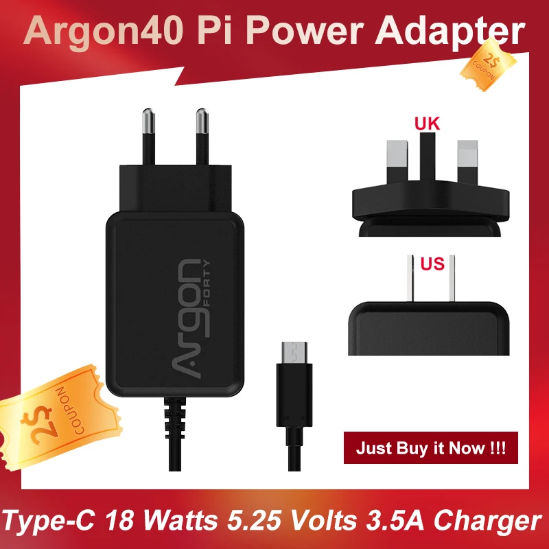 Argon40 Pi Tak Güç Adaptörü Tip-C Argon BİR Pi 4 Güç Kaynağı 18 Watt 5.25 Volt 3.5 A USB C Şarj Cihazı Ahududu Pi için 4