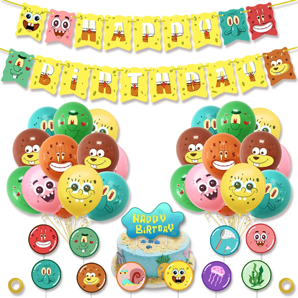 1 takım Spongebaby Balon Lateks Büyük Gözler Sarı Hava Balonları Kek Toppers Bayrak Afiş Mutlu Doğum Günü Çocuk Parti Dekorasyon Oyuncaklar