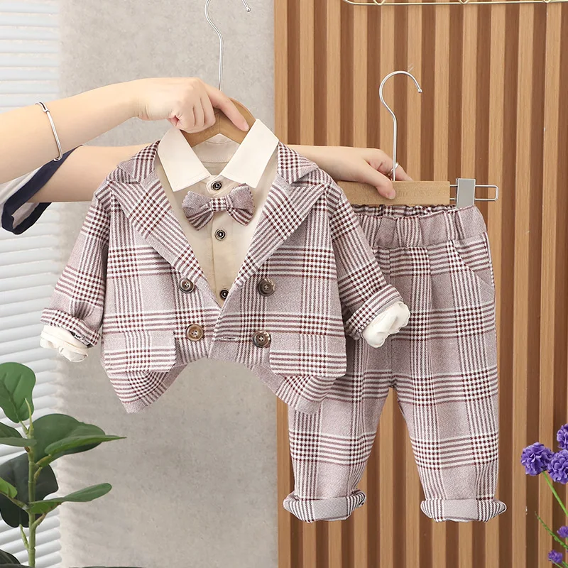 İlkbahar Sonbahar Çocuk Beyefendi Erkek Bebek Ekose Elbise Setleri Kruvaze Ceket + Kravat Yay Gömlek + Pantolon 3 Adet Çocuk Bebek Kıyafetleri