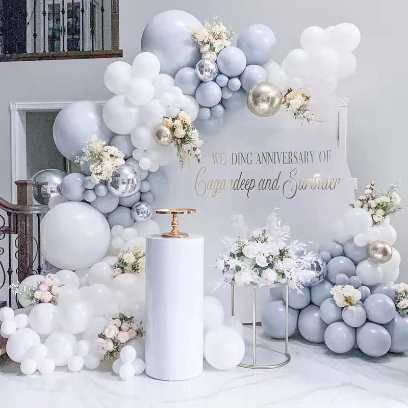 Gri Beyaz Gümüş Balon Garland Kemer Kiti İle 18 İnç Lateks Balon Düğün Doğum Günü Partisi İçin Bebek Duş Zemin Dekorasyon