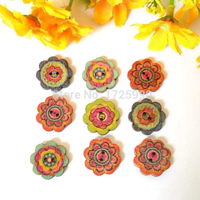 50 adet Karışık Renkli Yuvarlak Çiçek düğmeler 2 Delik Ahşap Boyama Dikiş Düğmeleri zanaat aksesuarları Scrapbooking 20mm