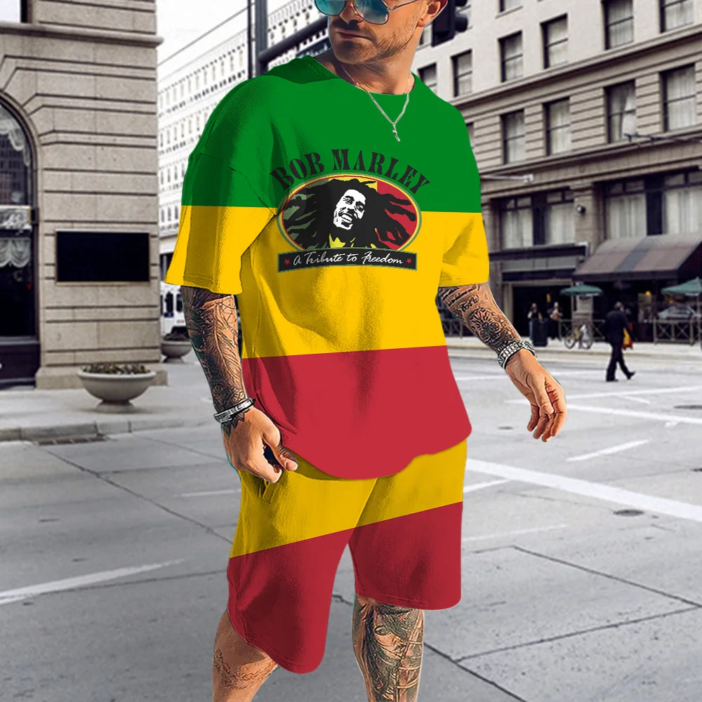 Bob Marley 3D Baskılı erkek Kısa Kollu Takım Elbise Ekip Boyun T-Shirt + Şort gündelik spor giyim Büyük Boy erkek 2 Parça Set 6xl