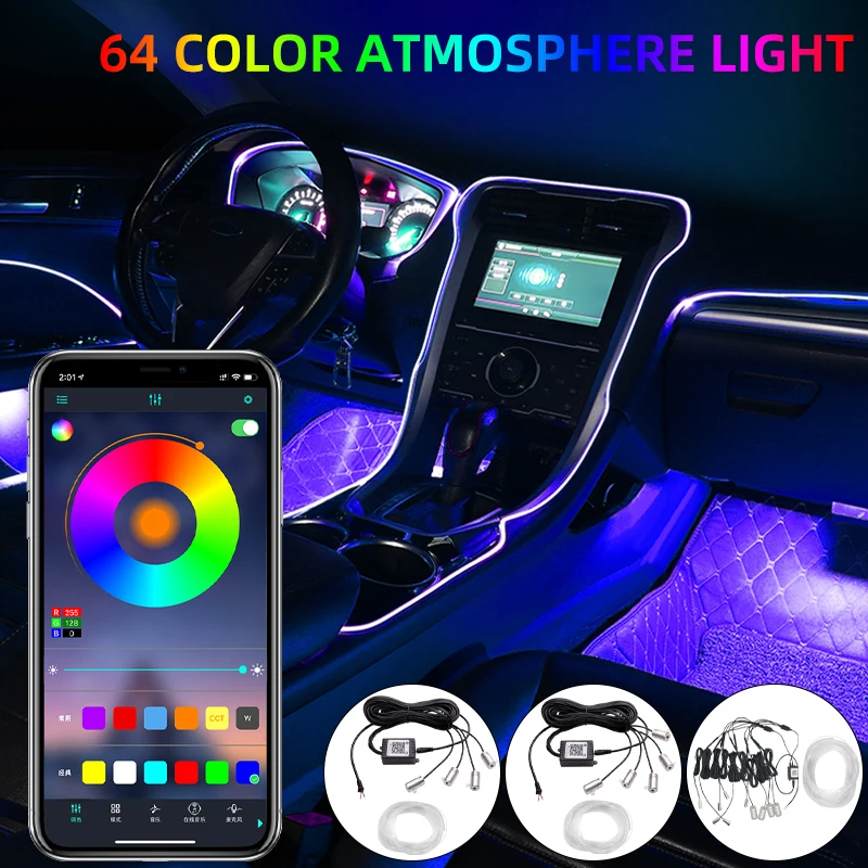 5/6 / 8M LED şeritler RGB Fiber Optik Atmosfer Lambaları Renkli araba iç aydınlatma Ortam Işığı Dekoratif Pano AppControl