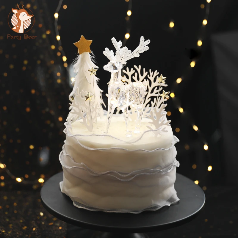 Beyaz kristal Sika Geyik Kek Toppers Yıldız Ağacı Süslemeleri Mutlu Doğum Günü Partisi Dekorasyon Pişirme Malzemeleri Aşk Gif