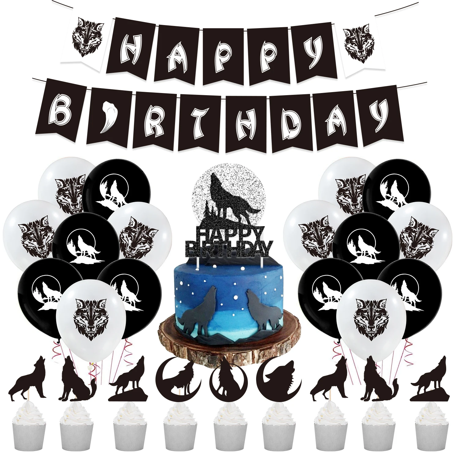 Cheereveal Kurt Tema Doğum Günü Partisi Dekorasyon Siyah Beyaz Balonlar Mutlu Doğum Günü Afiş Kek Topper Hayvanlar Parti Malzemeleri