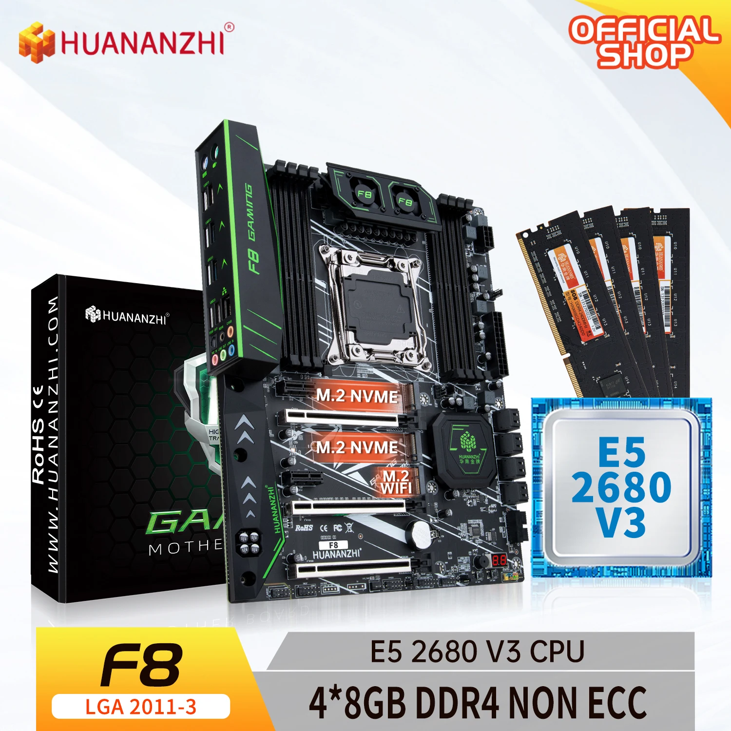 HUANANZHI F8 LGA 2011-3 Anakart Intel XEON E5 2680 V3 ile 4 * 8G DDR4 ECC OLMAYAN bellek combo kiti seti NVME SATA USB