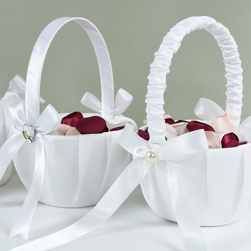 Beyaz İpek Düğün Çiçek Sepeti Kristal Yay Gelin Çiçek Kız Taşınabilir Sepet Düğün Parti Dekorasyon Malzemeleri için 20-22cm