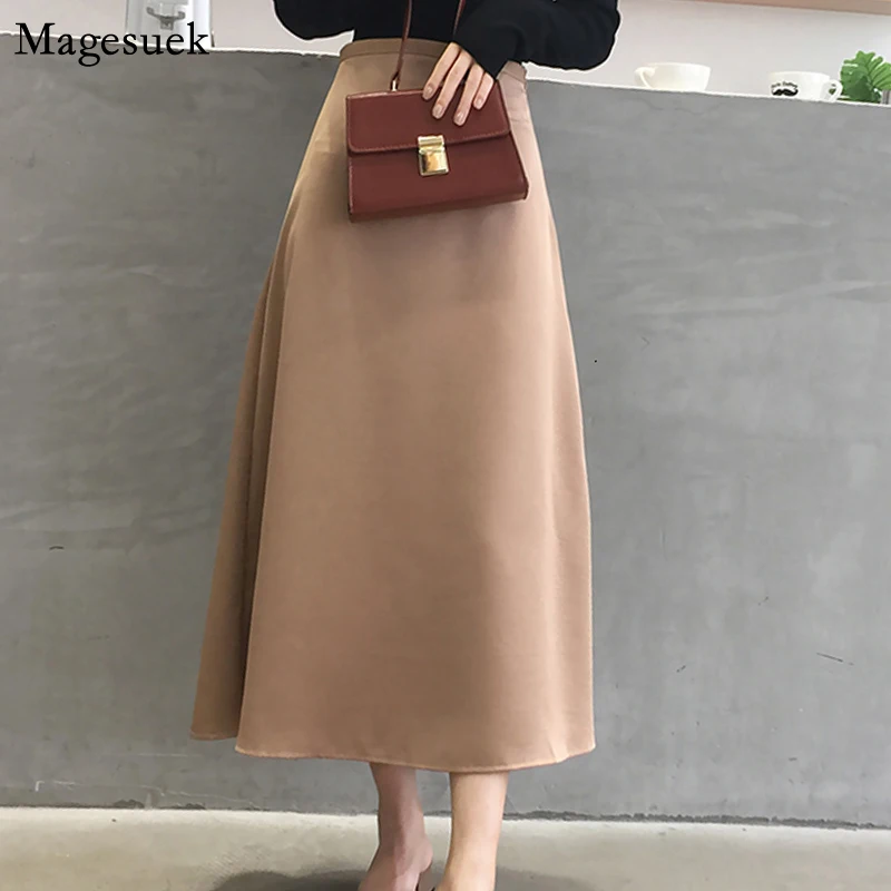 Moda Zarif Vintage Kadınlar Etek 2021 Sonbahar A-Line Düz Bayan Etekler Katı Yüksek Bel Uzun Etekler Kadın Femme Jupes 9645
