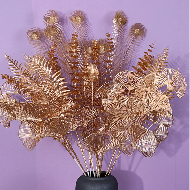 Simülasyon Altın Ginkgo Yaprakları Okaliptüs Yaprakları Altın Plastik Fan Yaprakları Ev Düğün Düzenleme Dekorasyon Sahte Çiçekler