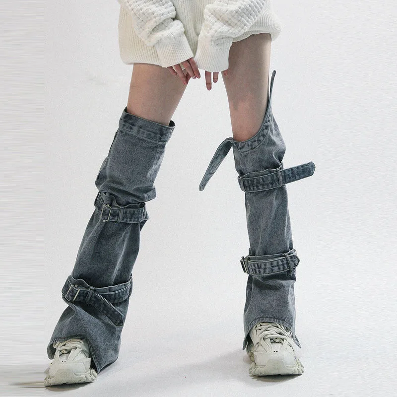 Kadın Y2K Denim bacak ısıtıcıları 90s Diz Yüksek Harajuku Toka Jean Çorap Punk Gotik Bacak Örtüsü Çorap Streetwear