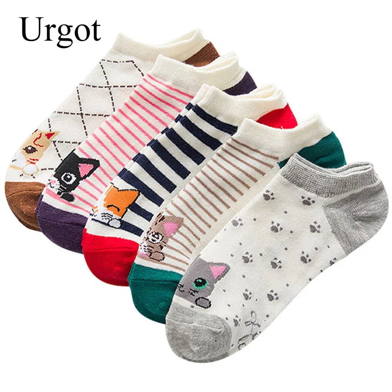 5 Pairs Kadınlar Pamuk Ayak Bileği Çorap Yumuşak Rahat Esneklik Çorap Ağız İlginç Karikatür Kedi Çizgili Renk Mutlu Rahat Çorap