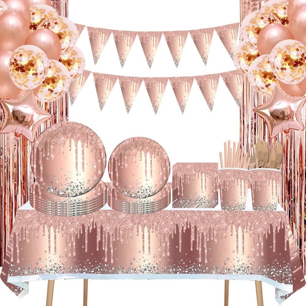 Gül Altın Parti Malzemeleri Tek Kullanımlık Sofra Seti Elmas parlak kağıt Tabak Bardak Düğün Doğum Günü Partisi Dekorasyon Çocuk Balonlar