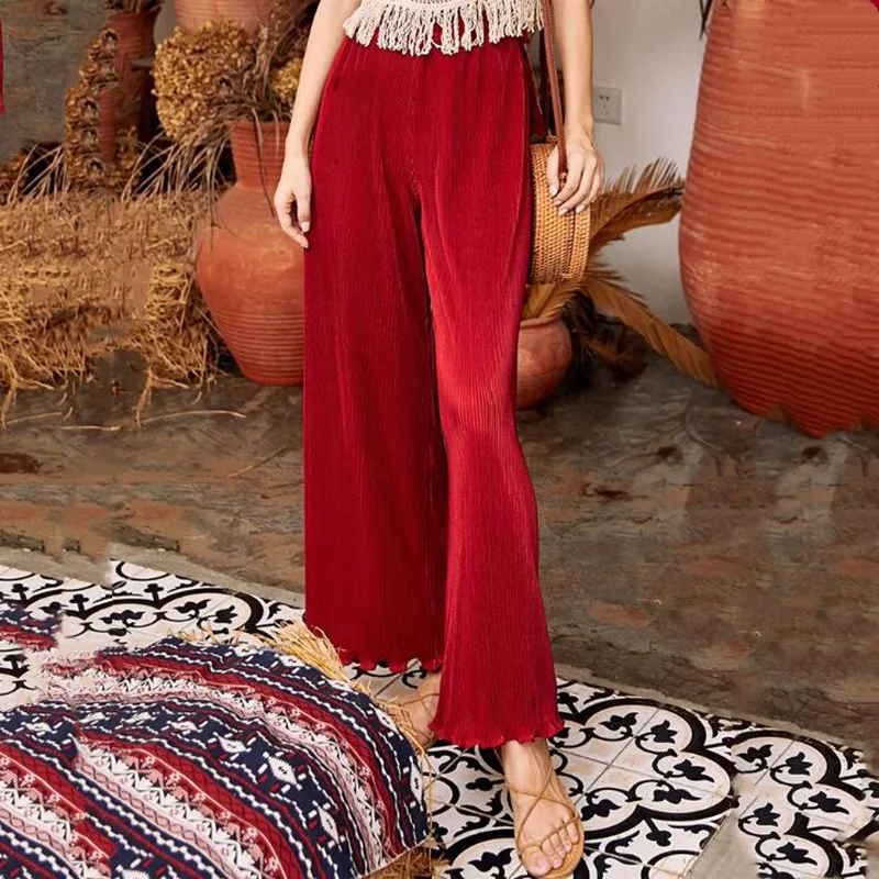  İlkbahar ve Yaz kadın moda buz ipek pilili pantolon Boho plaj pantolonları Kırmızı Lavanta seksi geniş bacak pantolon 