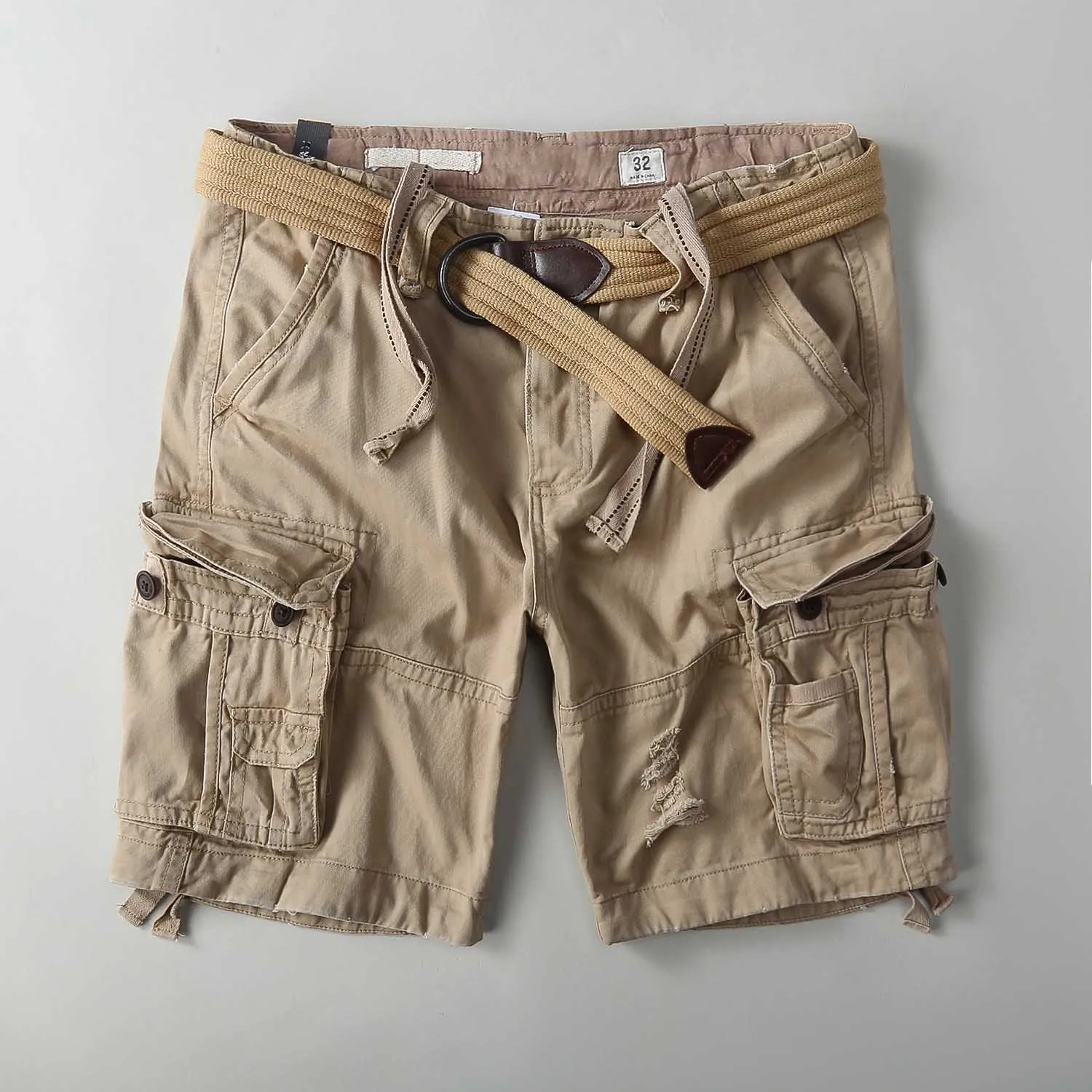 Moda Kargo Şort Yaz Erkekler Rahat Boardshorts Düz Gevşek Askeri Cepler Yırtık Şort Streetwear Giyim