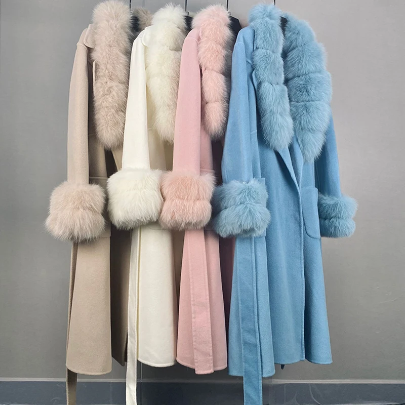 2022 Muhteşem Orijinal Fox Kürk Yün siper streetwear büyük doğal kürk palto kabanlar