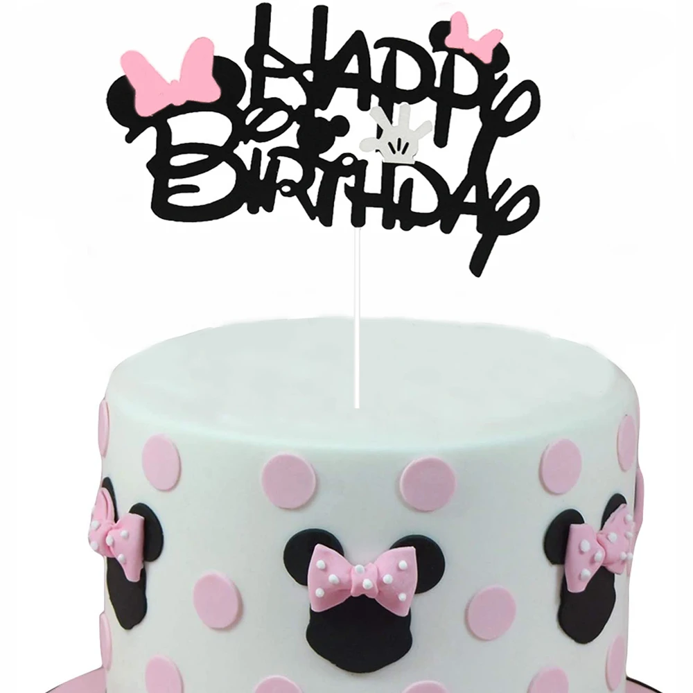 Minnie Inspired Mutlu doğum günü partisi topper dekor kız favor kek topper Pembe Yay ile parti dekor bebek kız doğum günü pastası dekor
