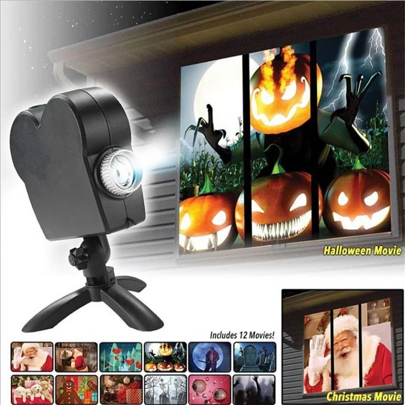 Cadılar bayramı lazer projektör noel pencere ekran lambası 12 filmler Mini ev sineması projektörü sahne disko ışık parti dekor